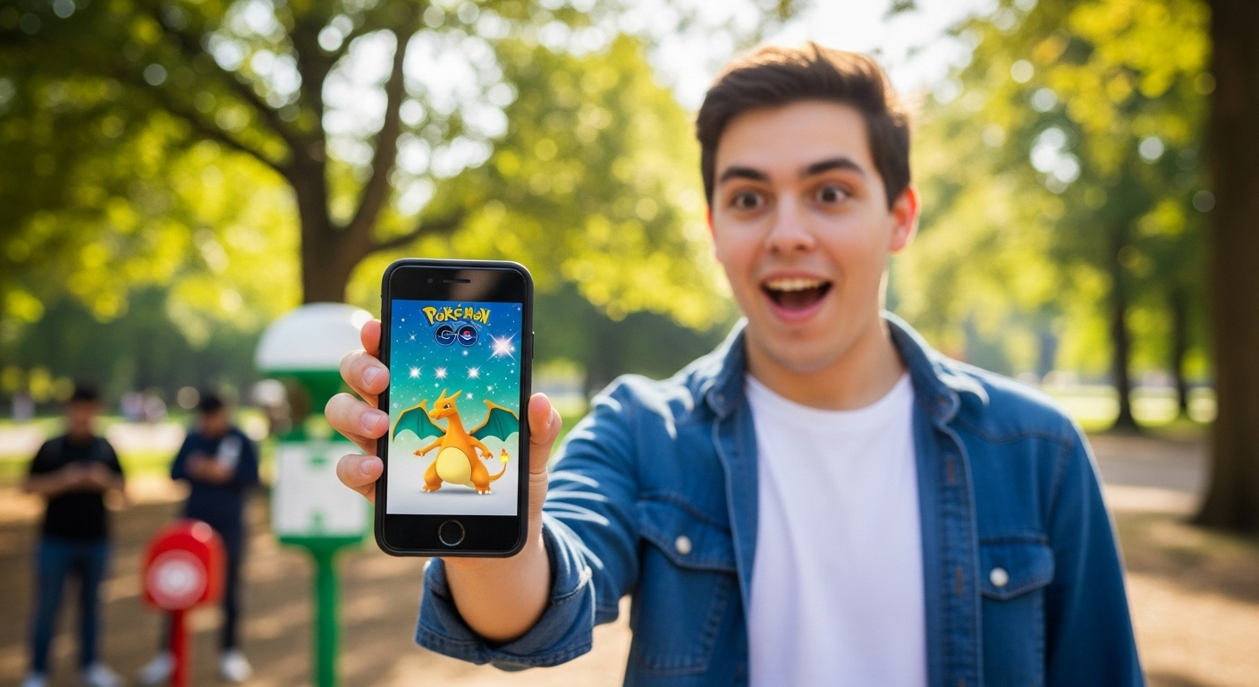 Joueur montrant son smartphone avec Pokémon sur l'écran