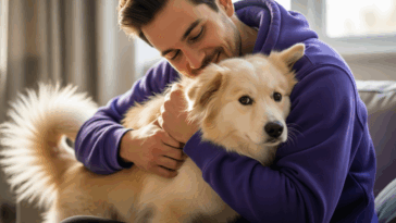 homme câlinant un chien
