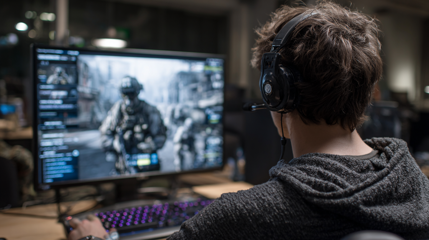 Un joueur PC est assis à son bureau et fixe un grand écran