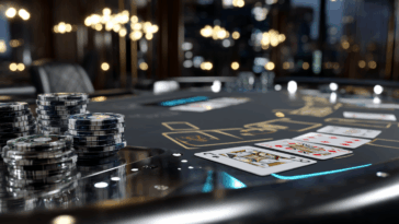 Table de poker virtuelle 3D flottant dans un décor sombre et lumineux, entourée d’avatars réalistes, avec des cartes et jetons holographiques en mouvement.