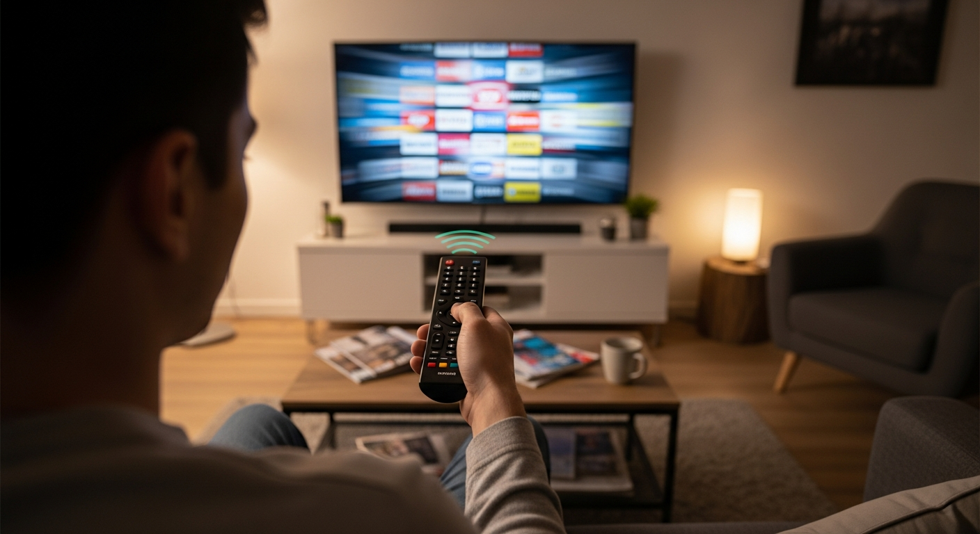 Homme qui tient une télécommande devant sa télé
