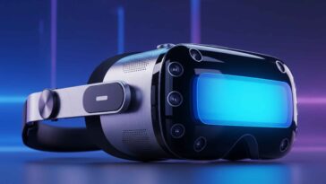 Gros plan sur un casque de réalité mixte au design industriel sophistiqué, doté de nombreuses caméras et d'une face avant bleue éclatante.