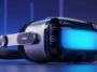 Gros plan sur un casque de réalité mixte au design industriel sophistiqué, doté de nombreuses caméras et d'une face avant bleue éclatante.