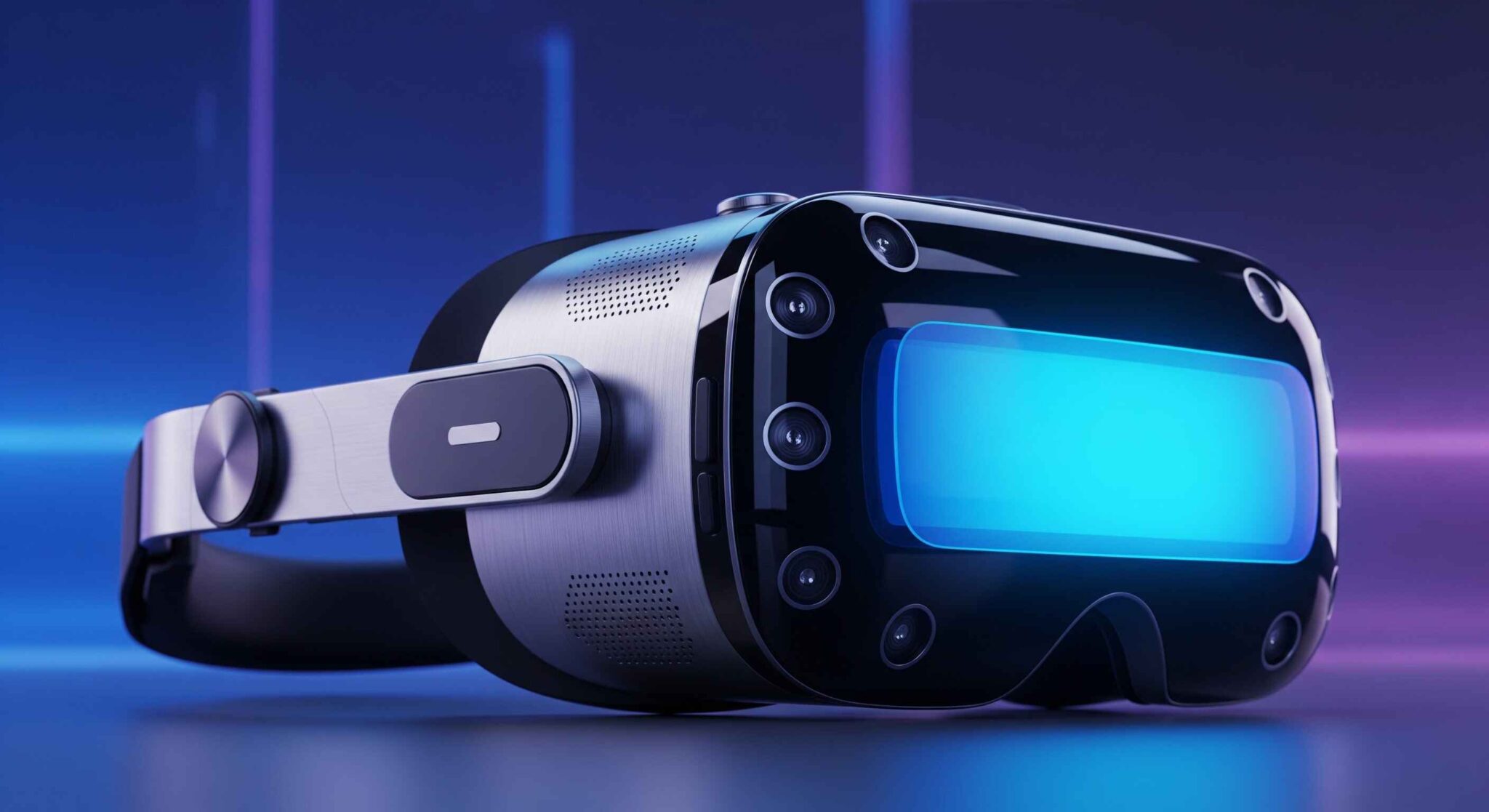 Gros plan sur un casque de réalité mixte au design industriel sophistiqué, doté de nombreuses caméras et d'une face avant bleue éclatante.