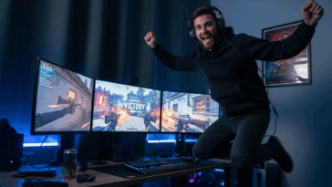 gamer saute de joie devant son PC