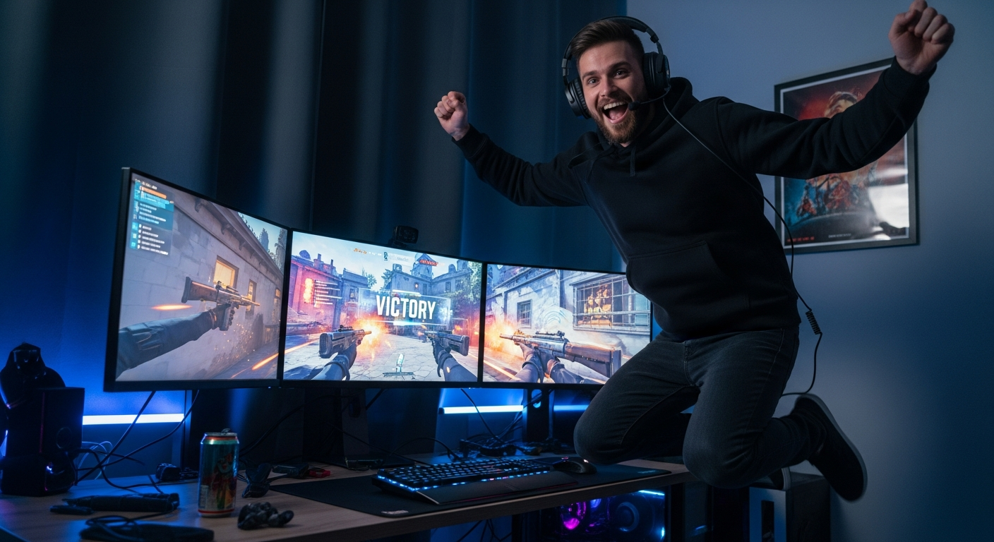 gamer saute de joie devant son PC