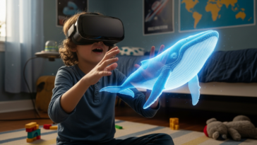 Enfant qui découvre une baleaine bleue en VR