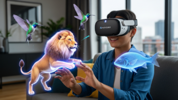 Homme portant un casque Vr et qui interagit avec des hologrammes