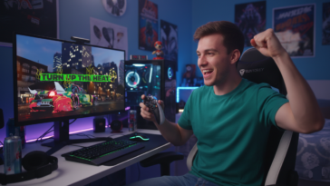 Gamer devant son PC avec une manette à la main