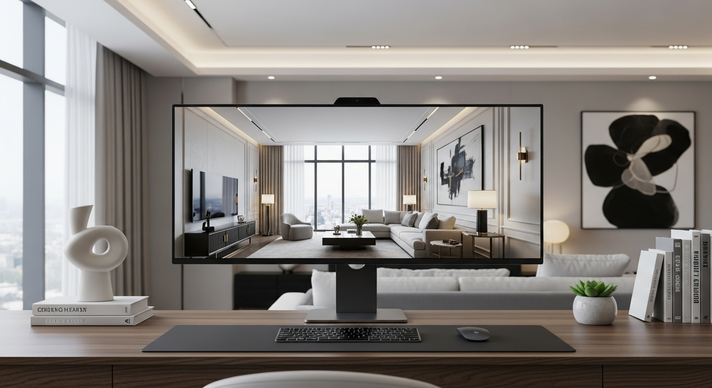 Visuel de disegn intérieur sur un écran de PC posé sur un bureau