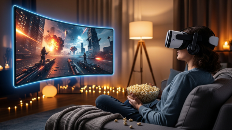 Femme qui apprécie un film en VR dans son salon