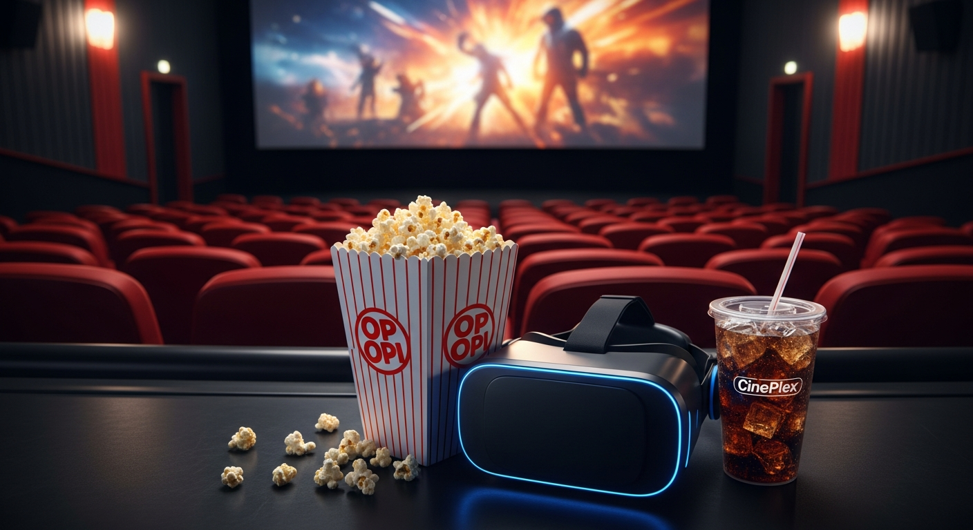 Casque, boisson et pop corn dans une salle de cinéma