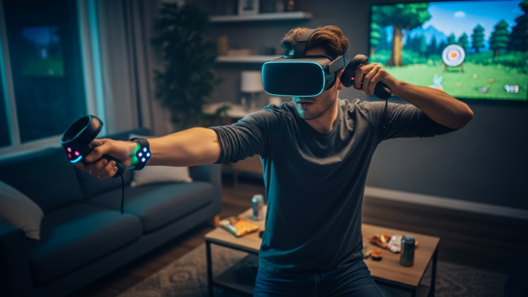 Gamer avec son casque VR et manettes