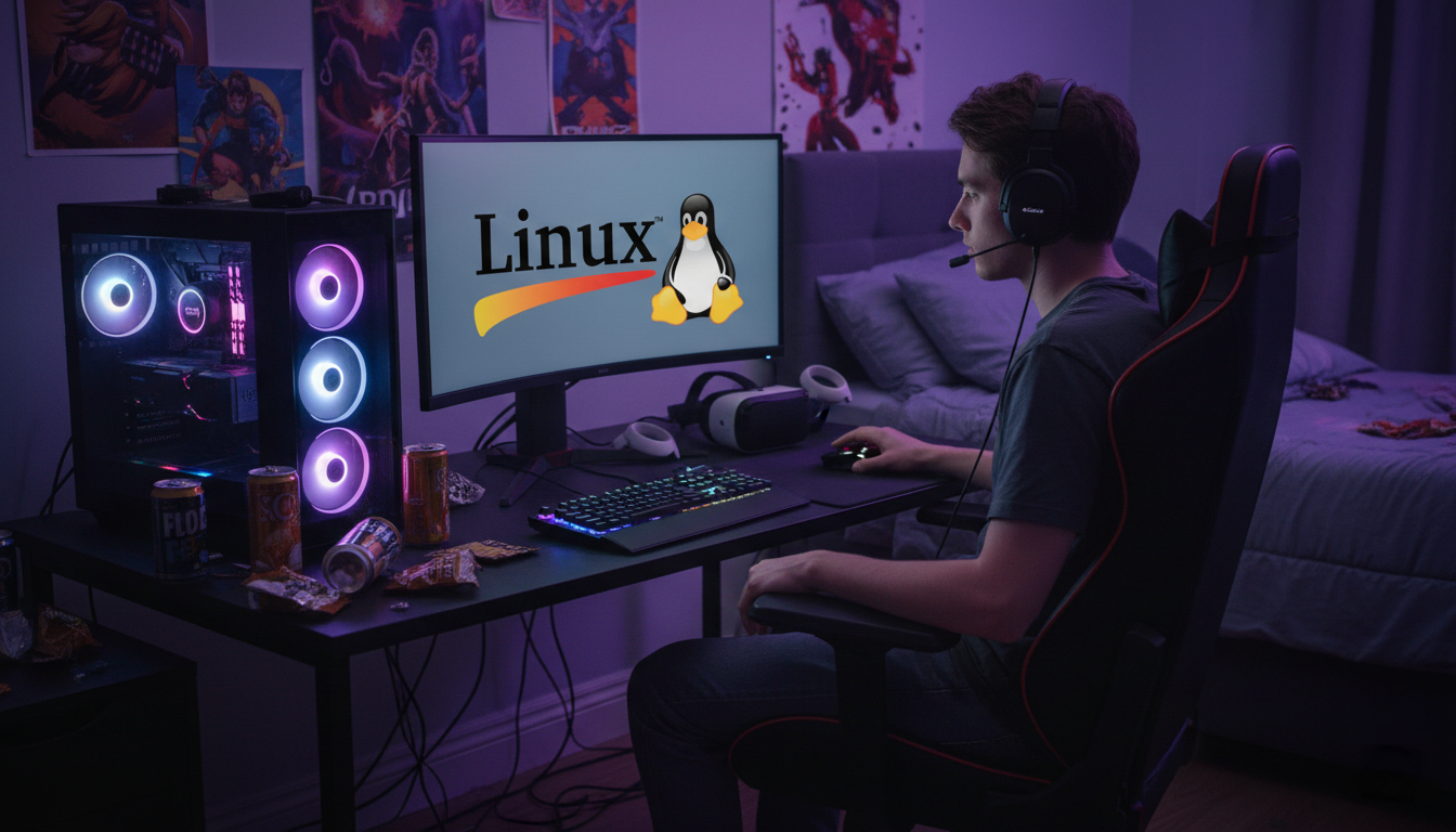 gamer devant son PC, Logo Linux à l'écran, casque VR à côté