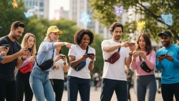 Un groupe de jeunes adultes souriants regarde attentivement leurs smartphones dans un parc où flottent des créatures Pokémon lumineuses virtuelles.