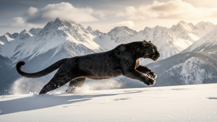 Panthère noire qui court dans la neige