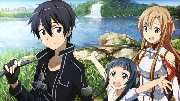 Kirito et Asuna, accompagnés de Yui, l'assistante psychologique du jeu