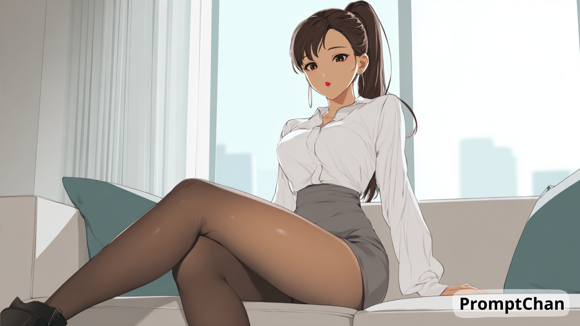 AI girlfriend en style anime assise sur un canapé, portant une chemise blanche, une jupe grise et des collants noirs, dans un intérieur moderne et lumineux