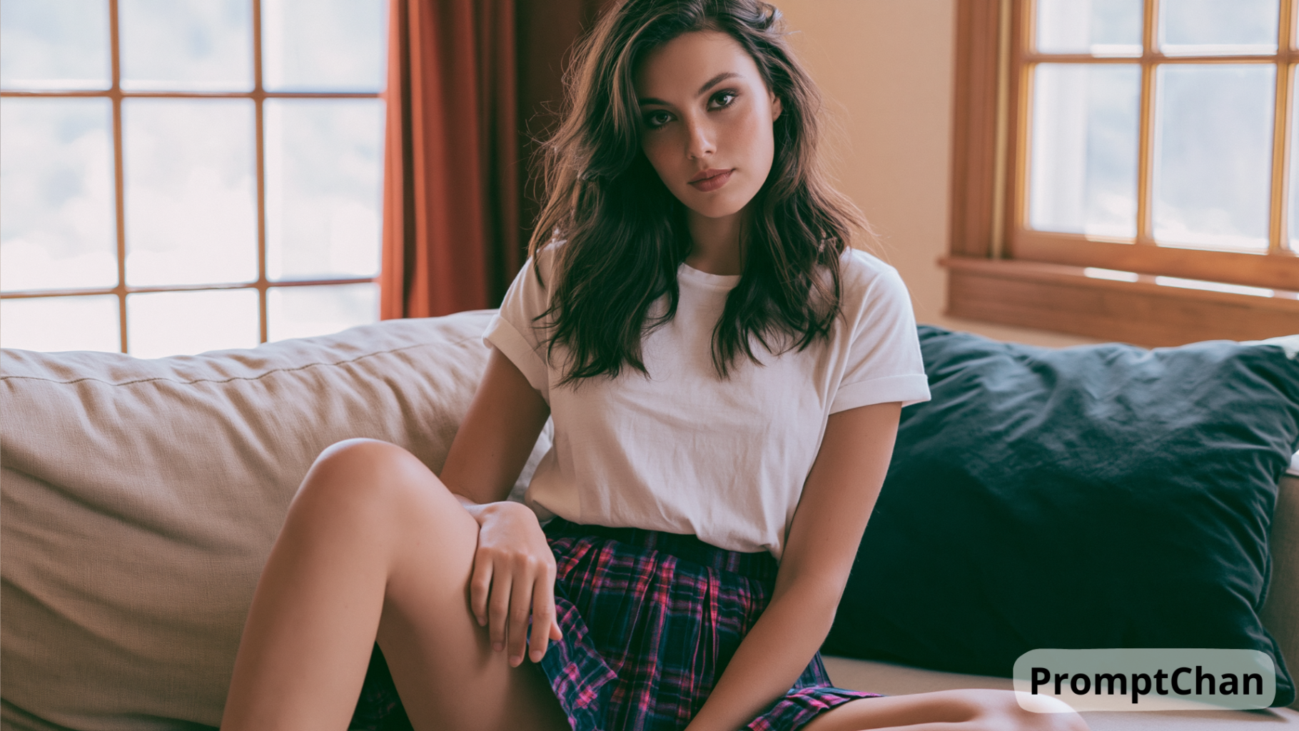 NSFW AI girlfriend aux cheveux bruns assise sur un canapé, portant un t-shirt blanc et une jupe à carreaux, dans un salon lumineux avec une ambiance chaleureuse.
