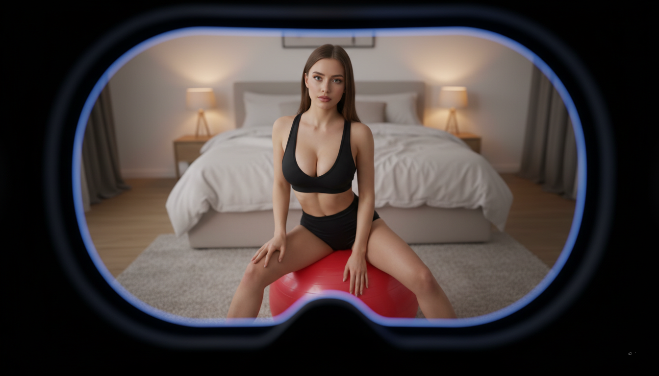 Vue d'un caque VR, une femme sexy sur un ballon de sport dans une chambre à coucher