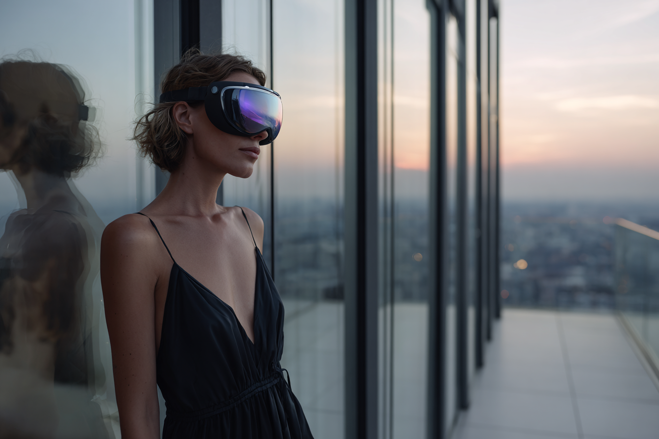Femme en nuisette noire face à une baie vitrée au crépuscule dans un appartement moderne, portant un casque VR avec un hologramme féminin lumineux se reflétant dans la vitre.