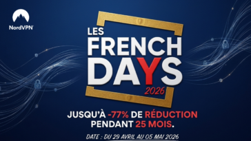 Affiche promotionnelle épurée sur fond bleu marine texturé. Au centre, le titre « LES FRENCH DAYS 2026 » est inscrit dans un cadre doré ornementé, avec le "Y" de "Days" en rouge. En dessous, l'offre indique « JUSQU'À -77% DE RÉDUCTION PENDANT 25 MOIS » et précise les dates du 29 avril au 05 mai 2026. Des ondes lumineuses parsemées de petits cadenas entourent le logo NordVPN en haut à gauche.