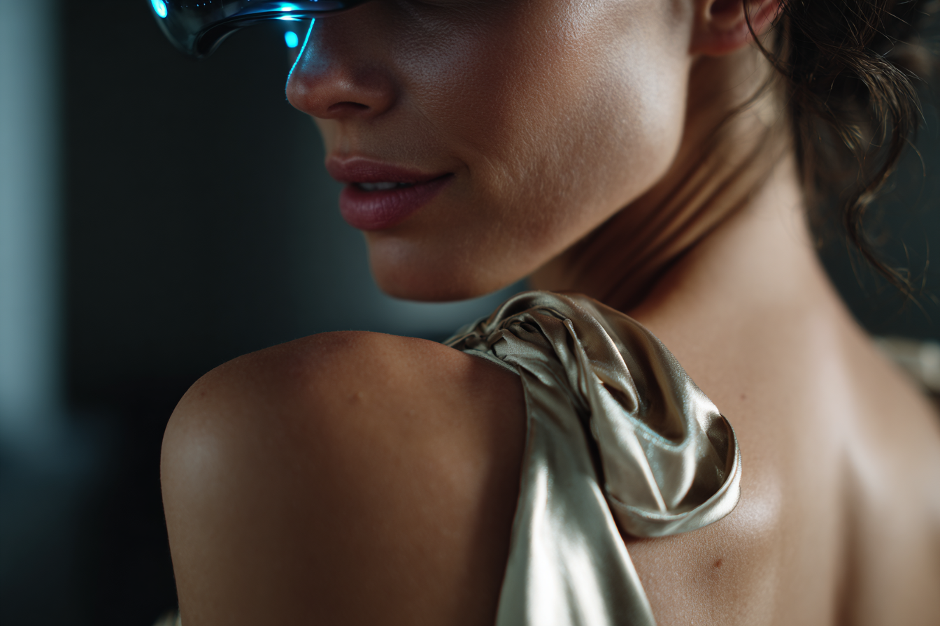 Gros plan sur une épaule féminine nue avec un tissu satiné glissant, éclairée par une lumière douce, avec des projections d’interface AR subtiles visibles sur la peau dans une ambiance minimaliste.
