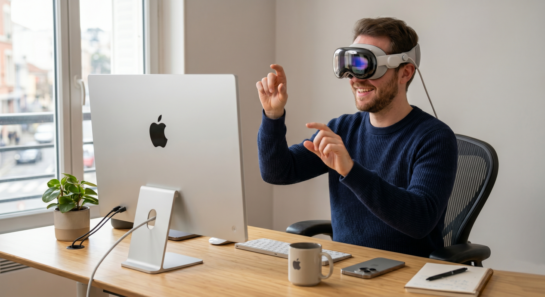 Image d'un homme avec un casque Apple Vision Pro