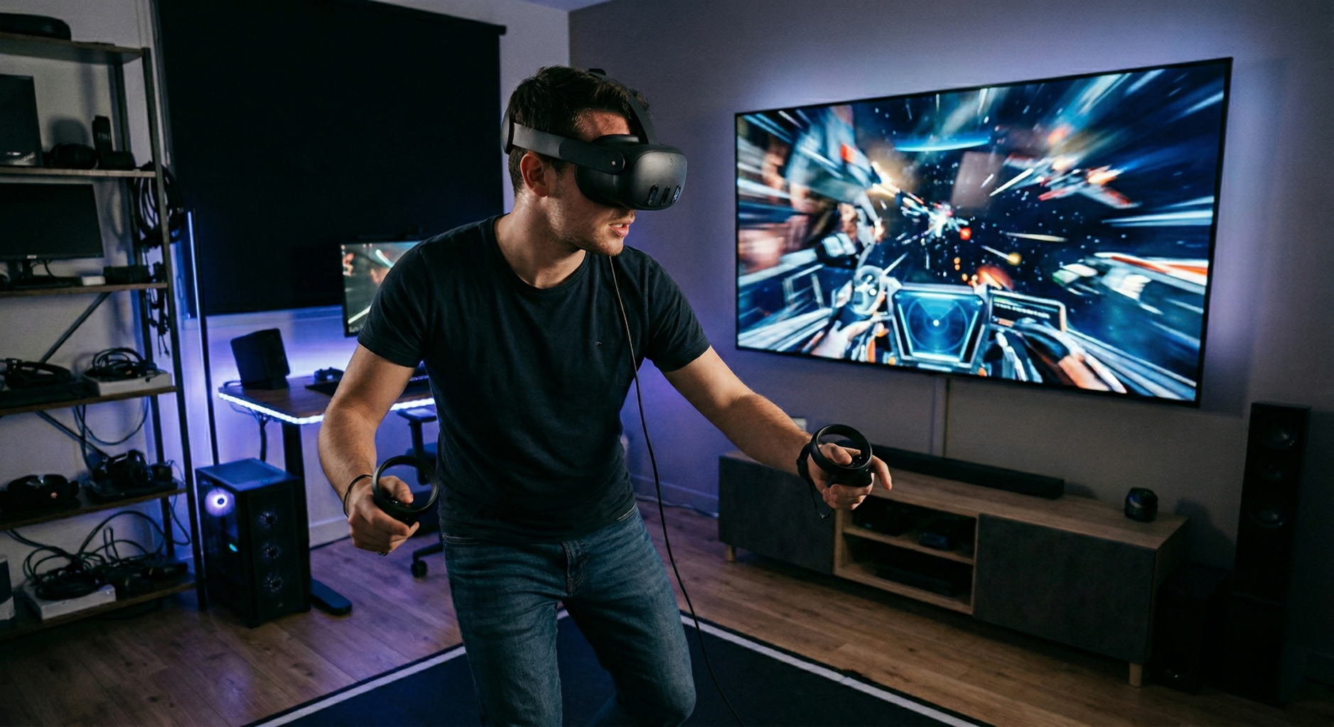 homme jouant avec un casque de réalité virtuelle 