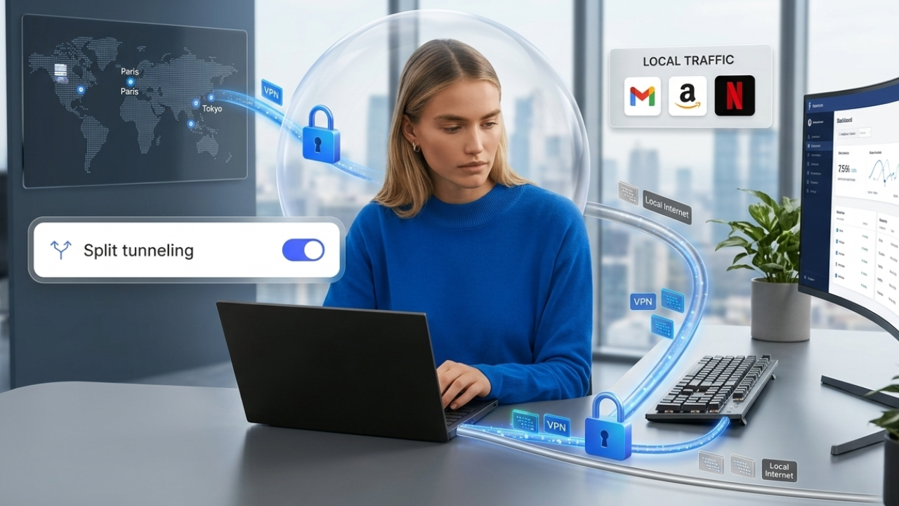Illustration de la fonctionnalité « Split tunneling » montrant une femme travaillant sur un ordinateur portable. Un interrupteur activé met en avant le nom de la fonction. Le visuel montre deux flux de données séparés : un tunnel sécurisé par un cadenas bleu pour le trafic VPN (Paris, Tokyo) et un flux direct « LOCAL TRAFFIC » pour des applications comme Gmail, Amazon et Netflix.