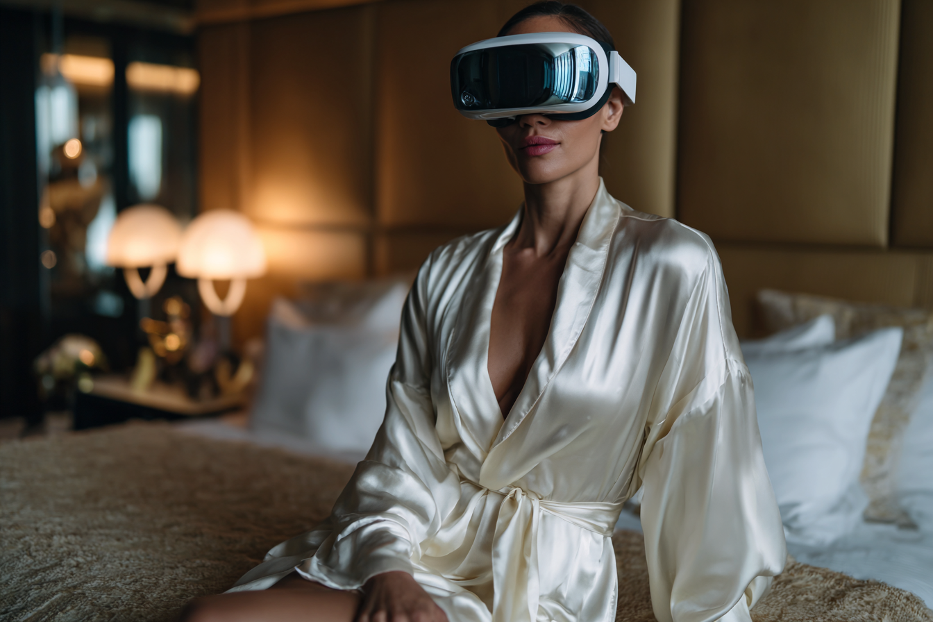 Femme élégante en robe de chambre en soie ivoire assise sur un lit king size dans une suite d’hôtel luxueuse, portant un casque VR, entourée de silhouettes holographiques féminines floues dans une ambiance nocturne raffinée.