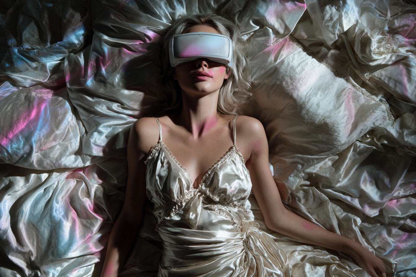 Vue de dessus d’une femme allongée sur un lit aux draps satinés froissés, portant un casque Playstation VR, avec des projections lumineuses abstraites roses et bleutées créant une ambiance élégante et intime.
