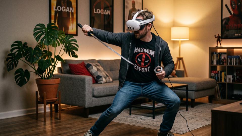 Un homme qui utilise le Quest 3 pour un jeu d'escrime