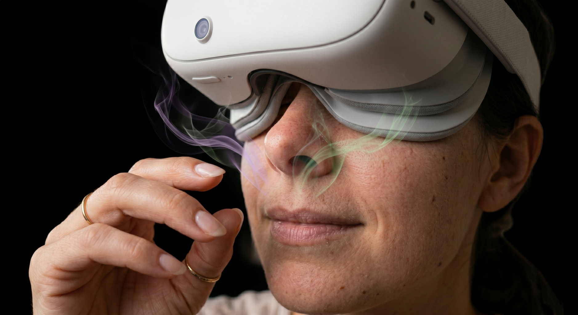 Image d'une personne qui expérimente la réalité virtuelle avec des sensations olfactives