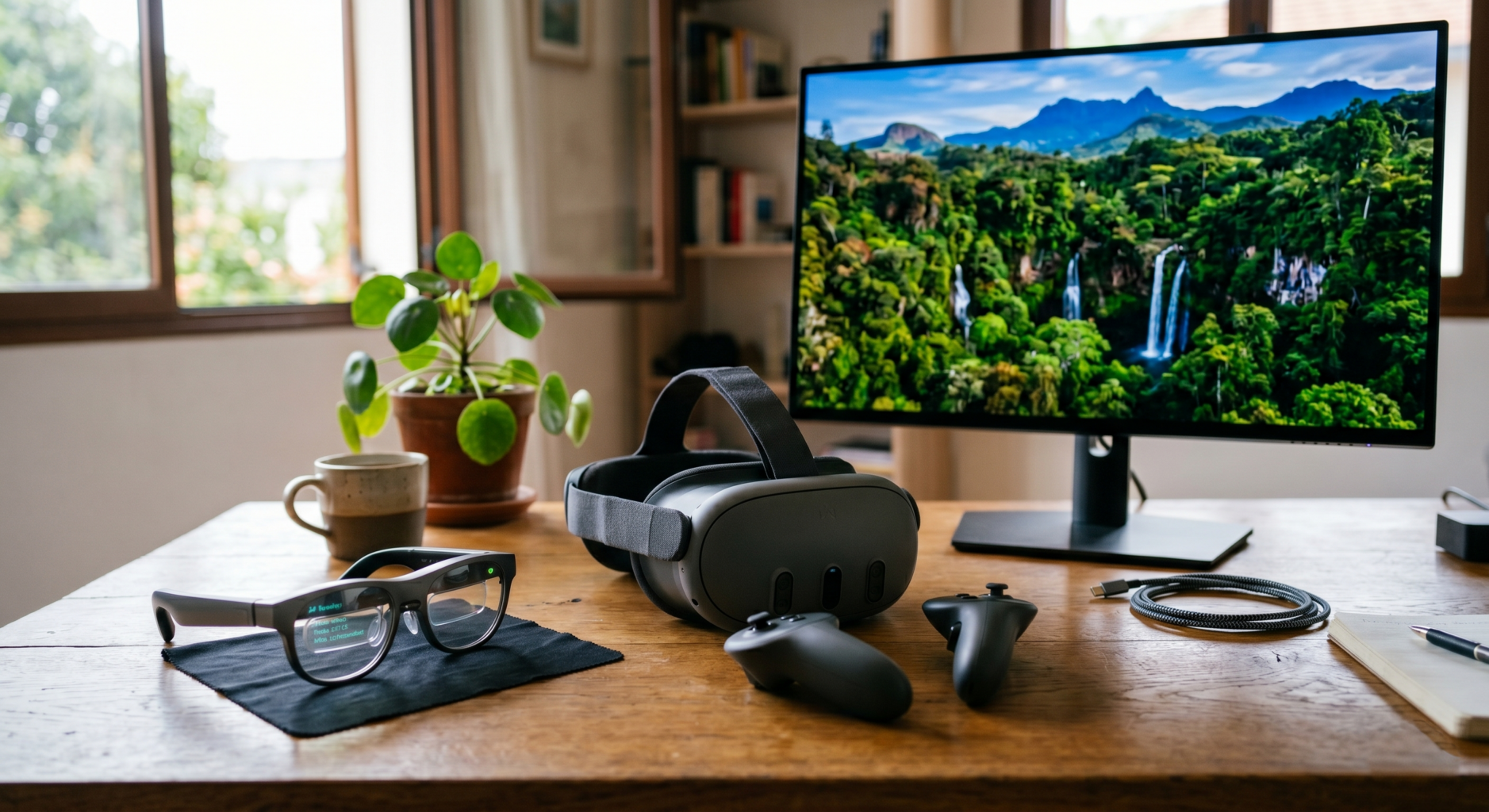 Image d'un casque VR, un écran et des lunettes AR sur un bureau