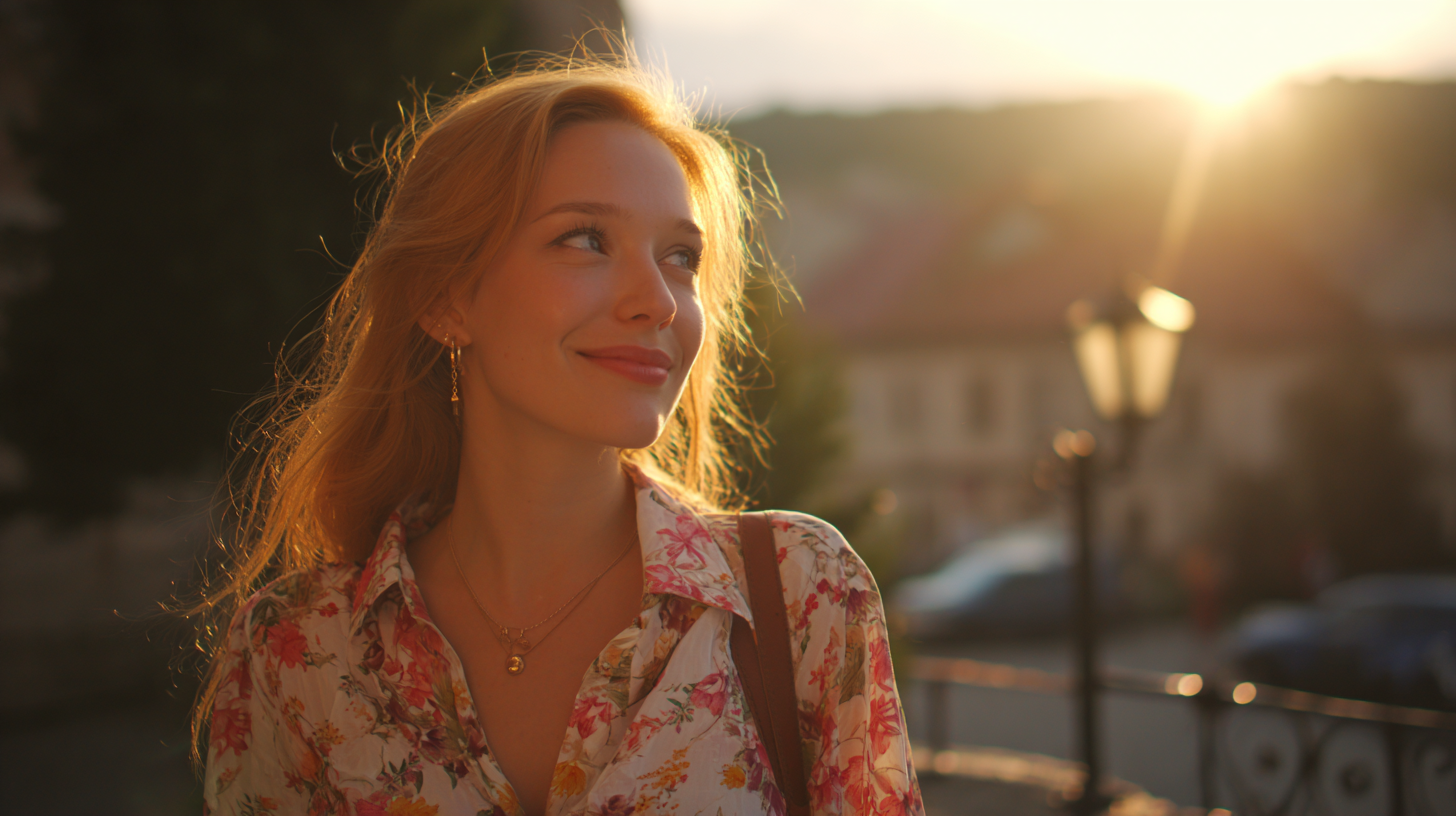 Jeune femme rousse souriante avec chemisier fleuri et regard lumineux au coucher du soleil, vue sur une application de discussion romantique intelligente