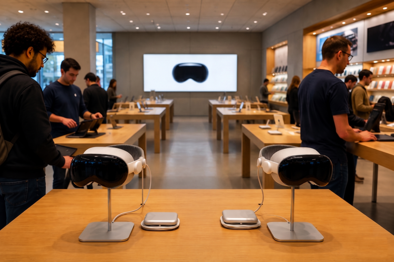Des casques Apple Vision et des personnes dans un Apple Store