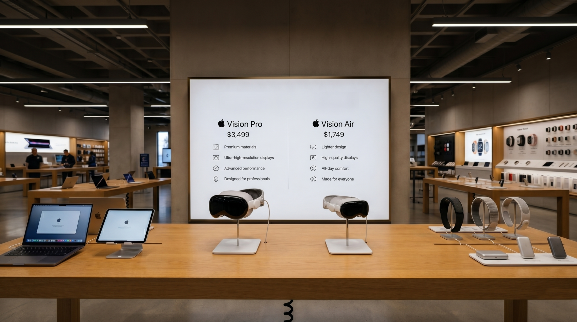 Des casques Vision Pro et Vision Air dans un magasin Apple Store