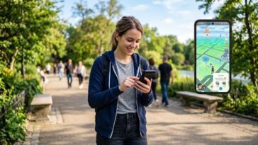 Une femme dans un parc, l'écran flottant montrant des Pokéstops et un Raid légendaire à proximité.