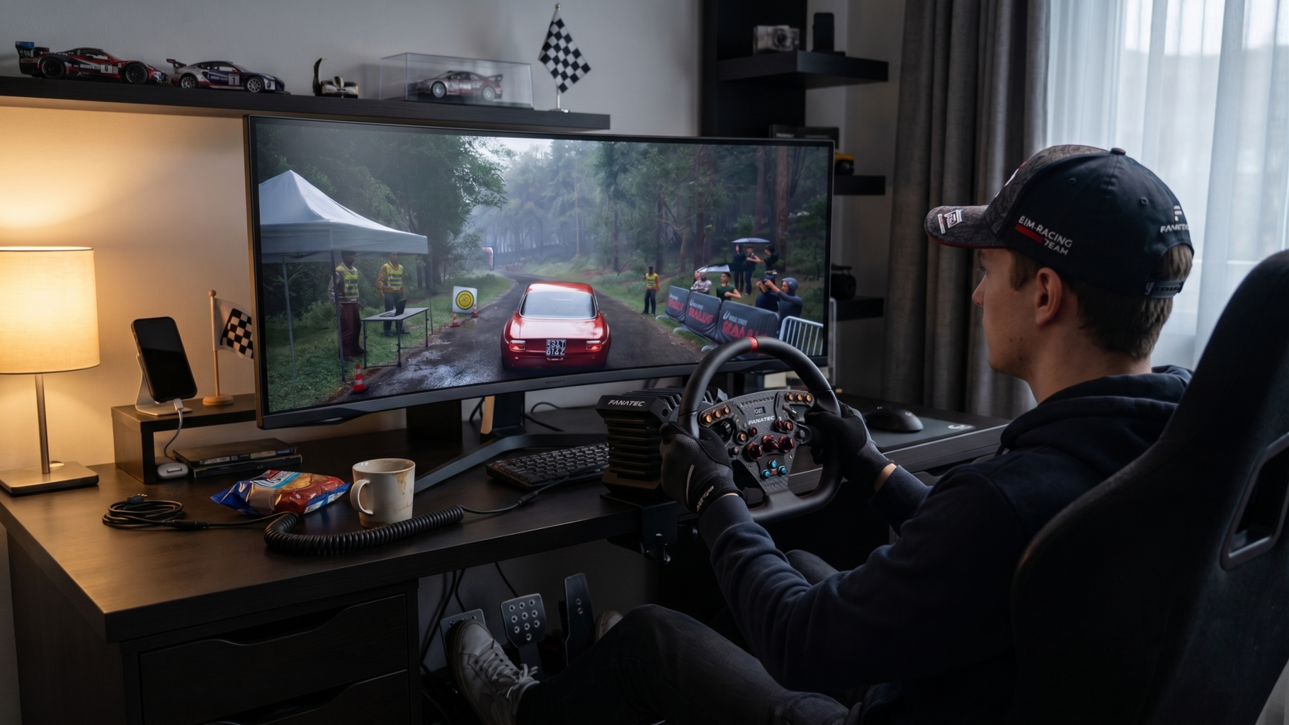 Personne qui joue à Assetto Corsa Rally sur un PC