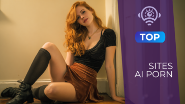 AI girlfriend réaliste aux cheveux roux, vêtue d'un haut noir, d'une jupe courte et de longues chaussettes, posant dans un intérieur cosy à l'éclairage chaleureux