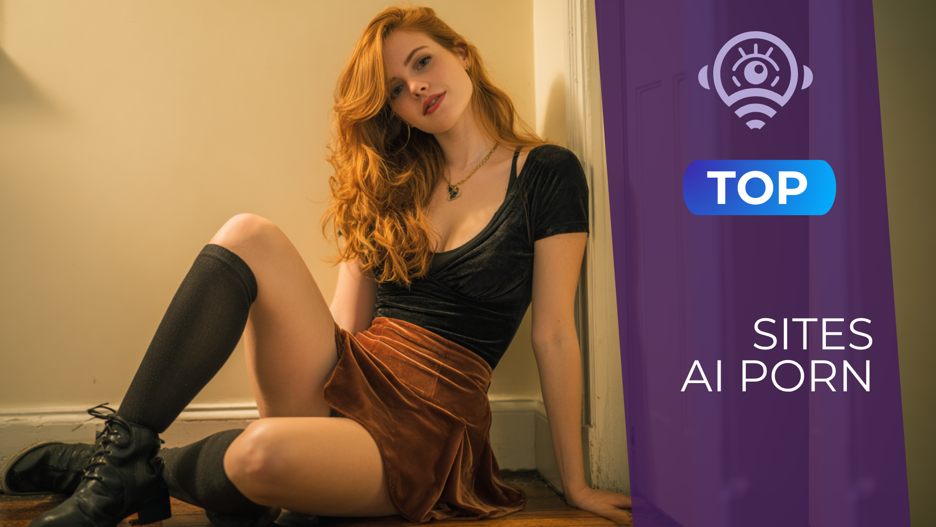 AI girlfriend réaliste aux cheveux roux, vêtue d'un haut noir, d'une jupe courte et de longues chaussettes, posant dans un intérieur cosy à l'éclairage chaleureux