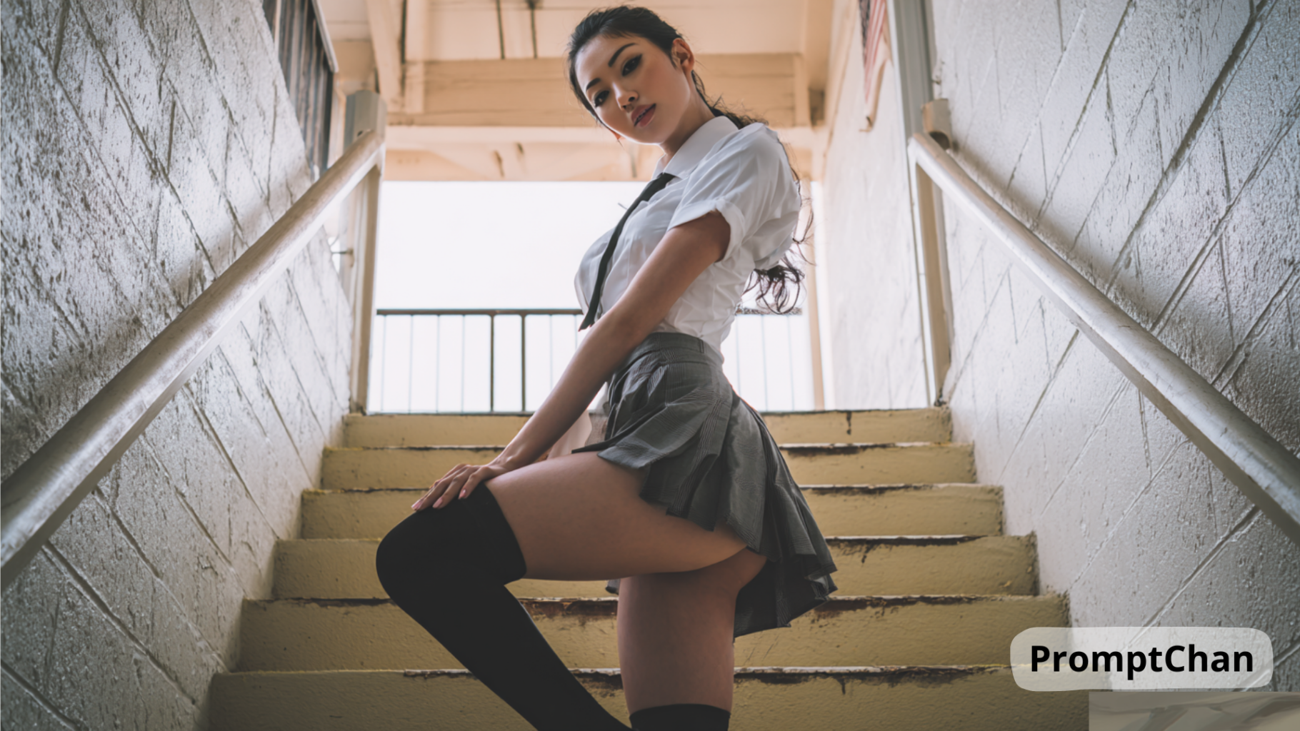 AI girlfriend réaliste aux cheveux noirs, vêtue d'une tenue chic avec jupe plissée et longues chaussettes, prenant la pose dans un escalier baigné de lumière naturelle.