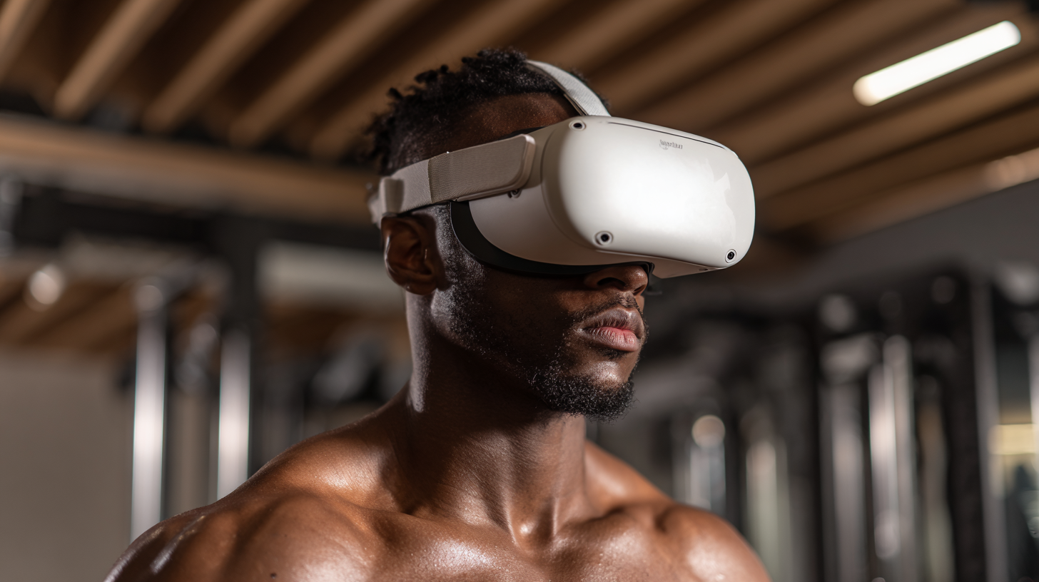 Homme portant un casque VR adulte et plongé dans une expérience immersive en réalité virtuelle dans une ambiance moderne et intime.