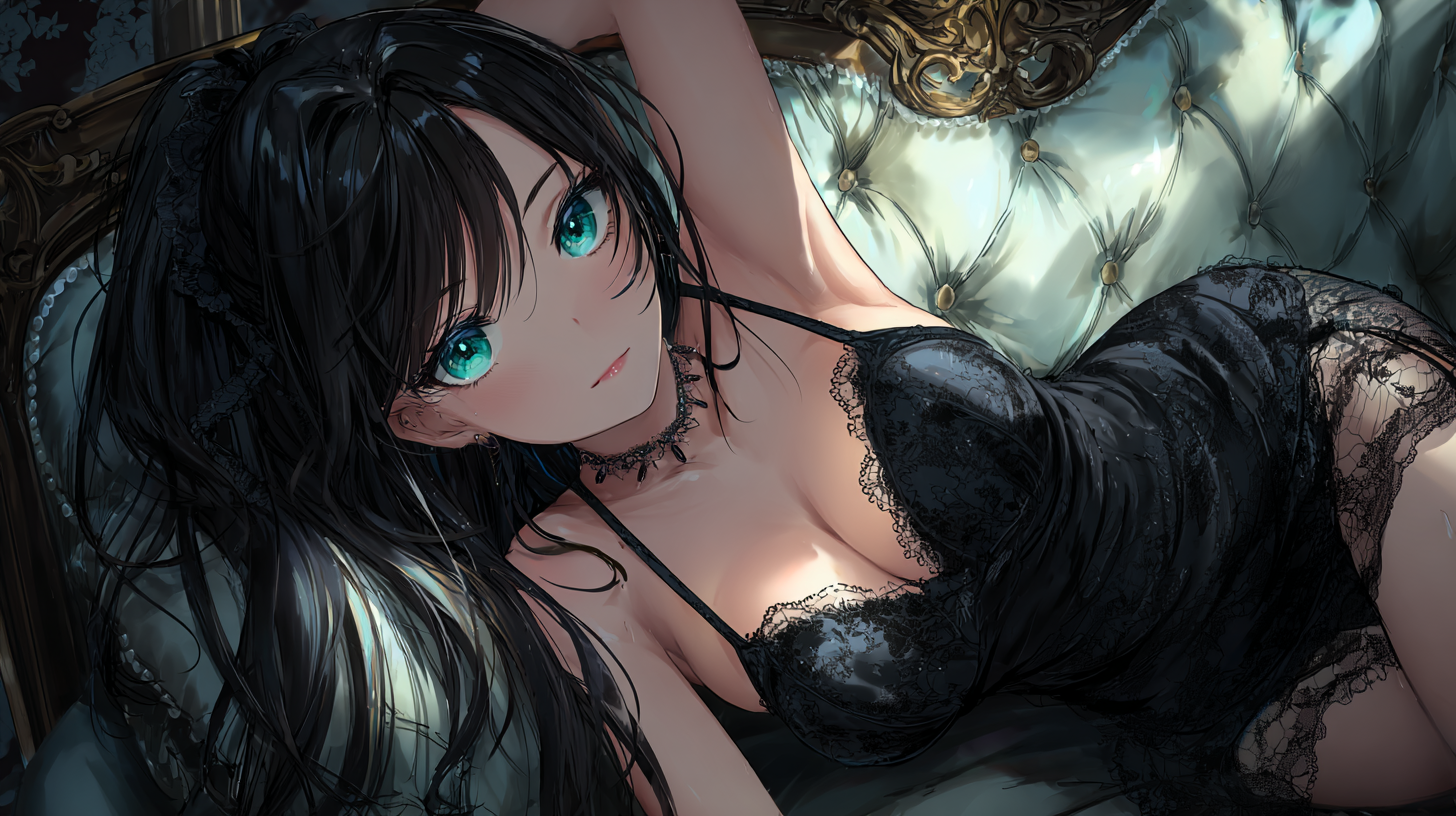 Femme anime aux yeux bleus allongée sur un canapé en dentelle noire sur HentaiPros