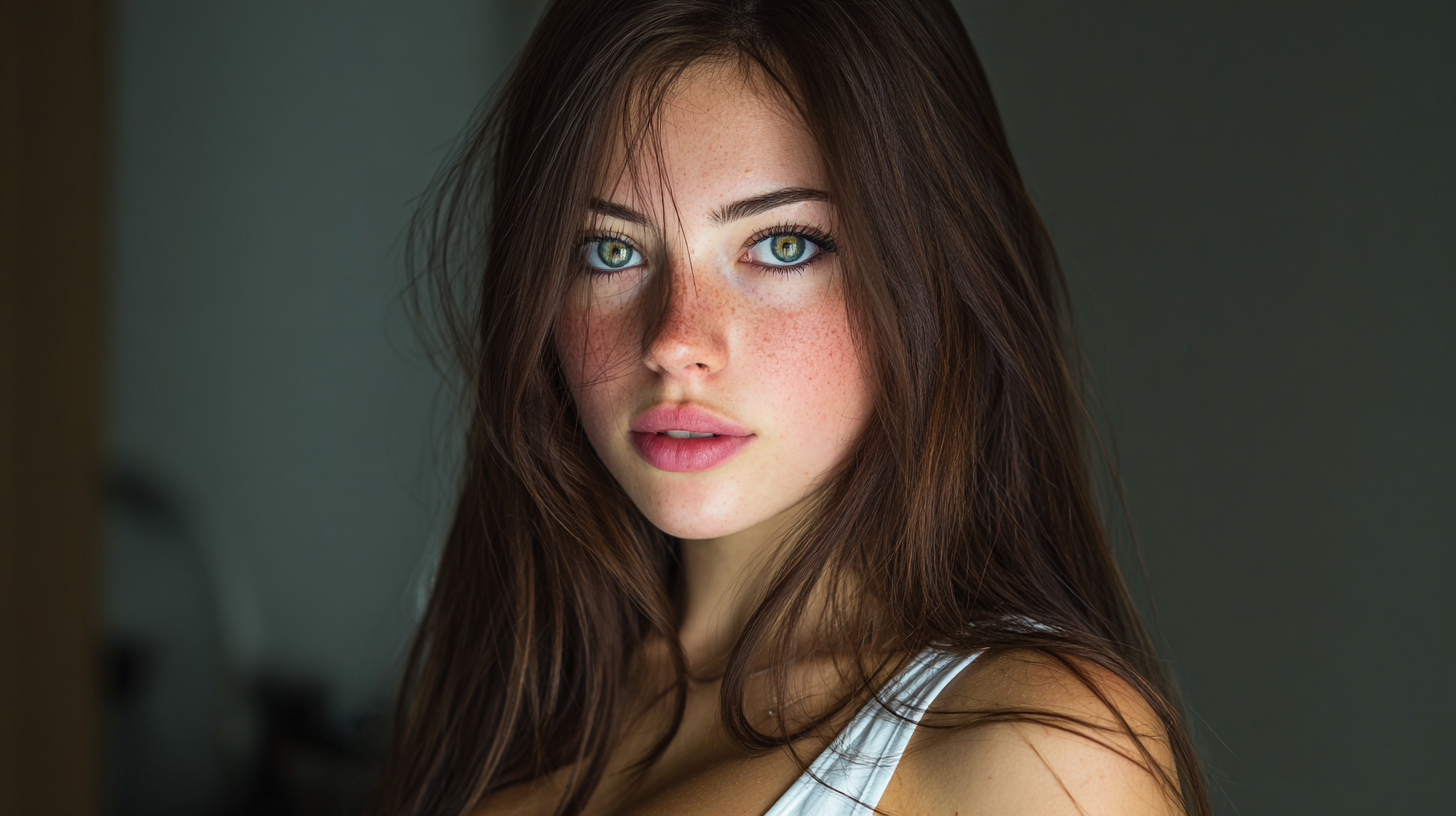 AI girlfriend brune aux yeux verts avec un regard intense et des taches de rousseur dans une ambiance intime.