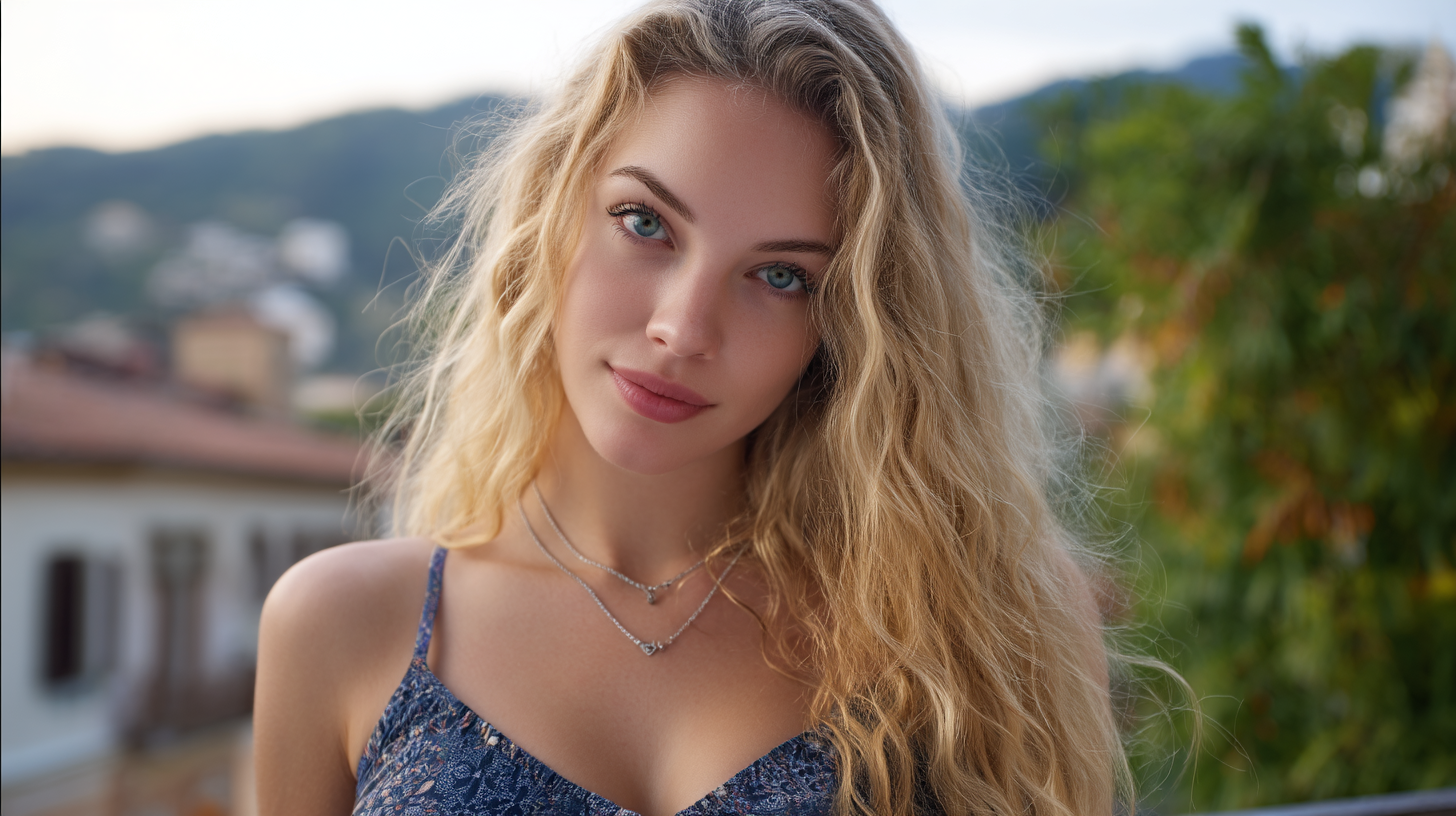 AI girlfriend blonde aux yeux bleus avec des cheveux bouclés et un regard doux sur une terrasse en extérieur.