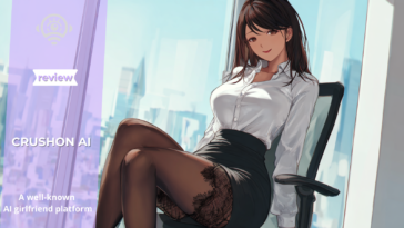 AI girlfriend sitting confidently in a modern office outfit on CrushOn AI