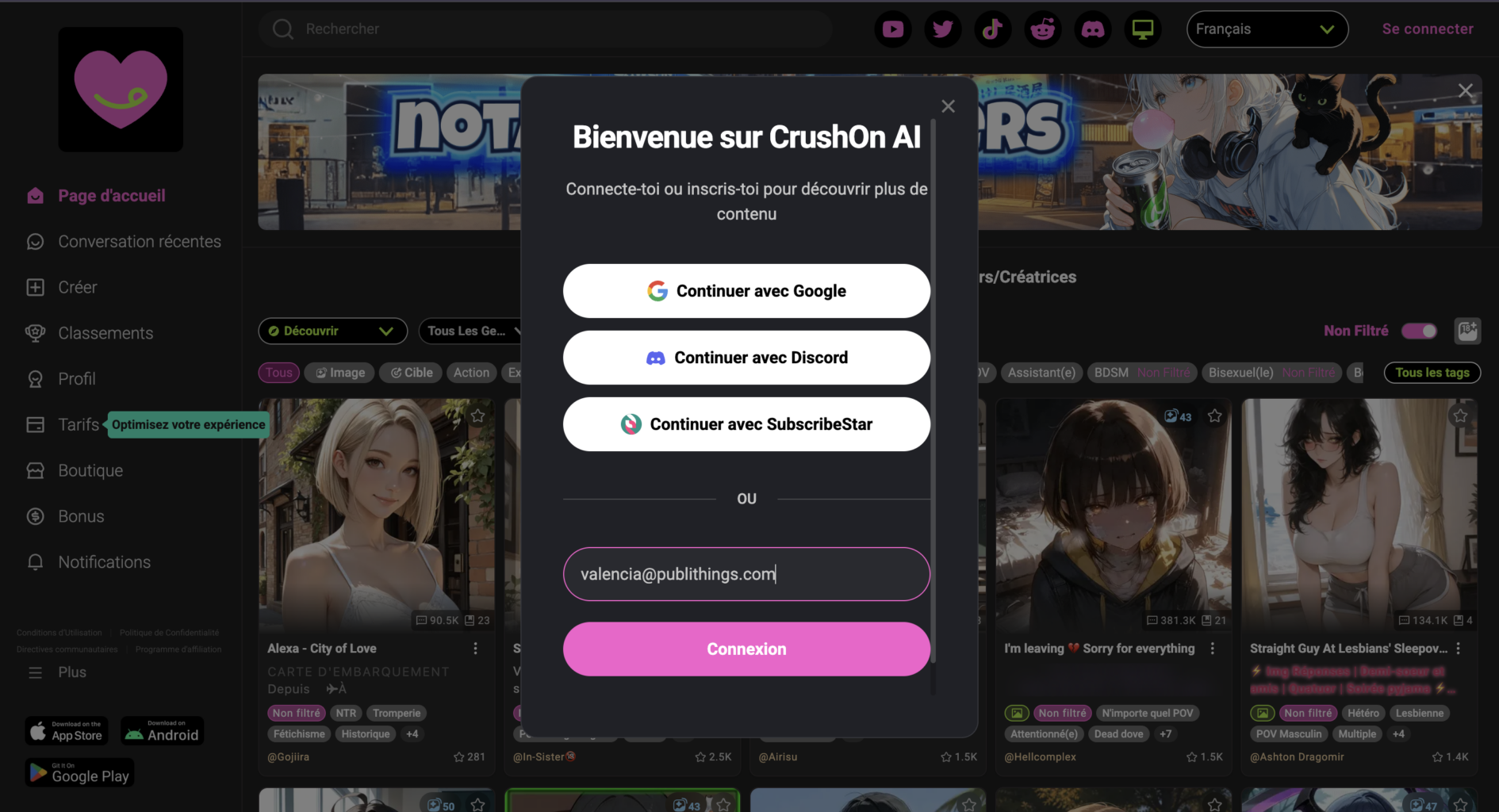 Signing up for CrushOn AI