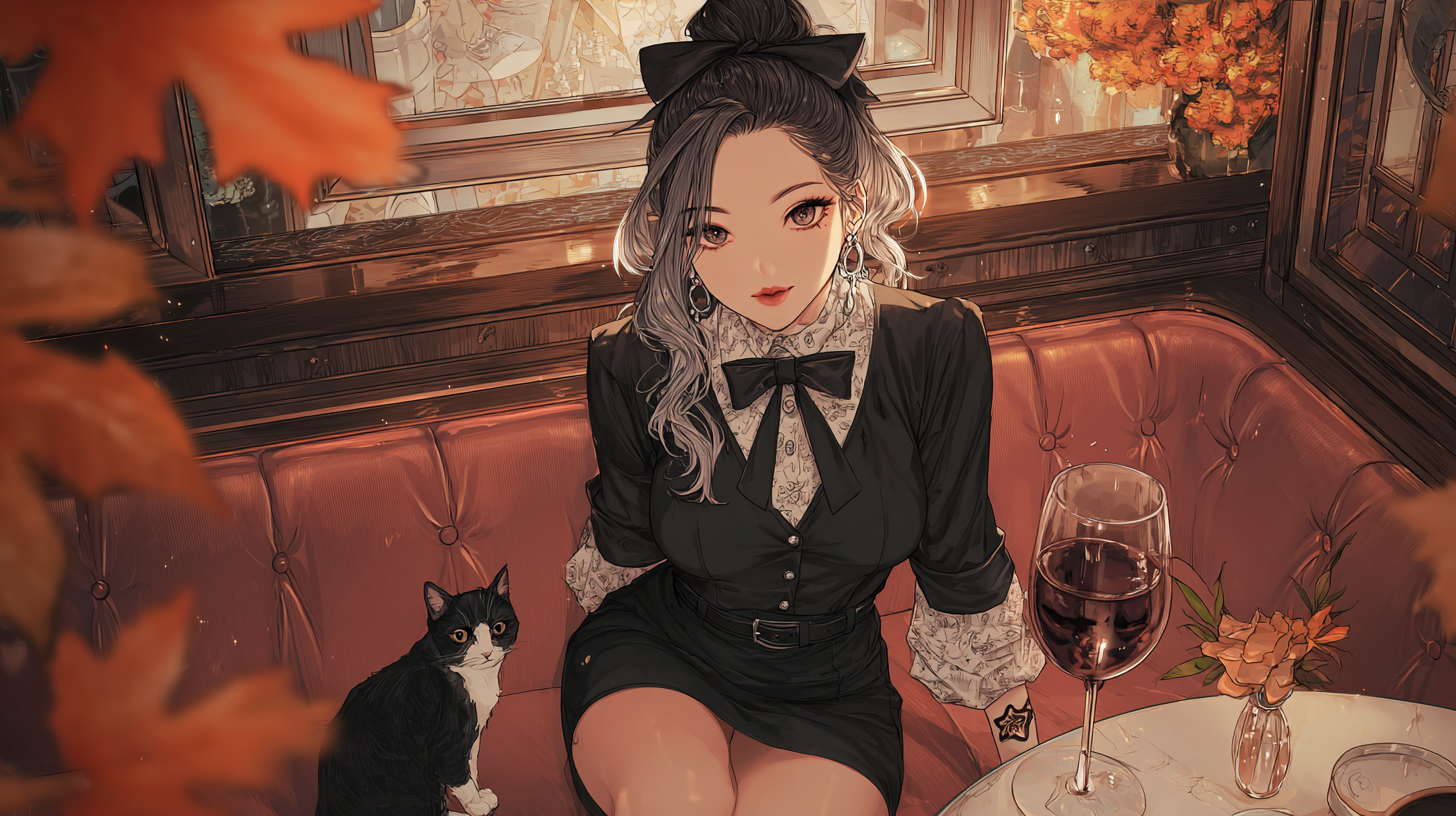 AI girlfriend in elegant black outfit sitting in a cozy café with a cat